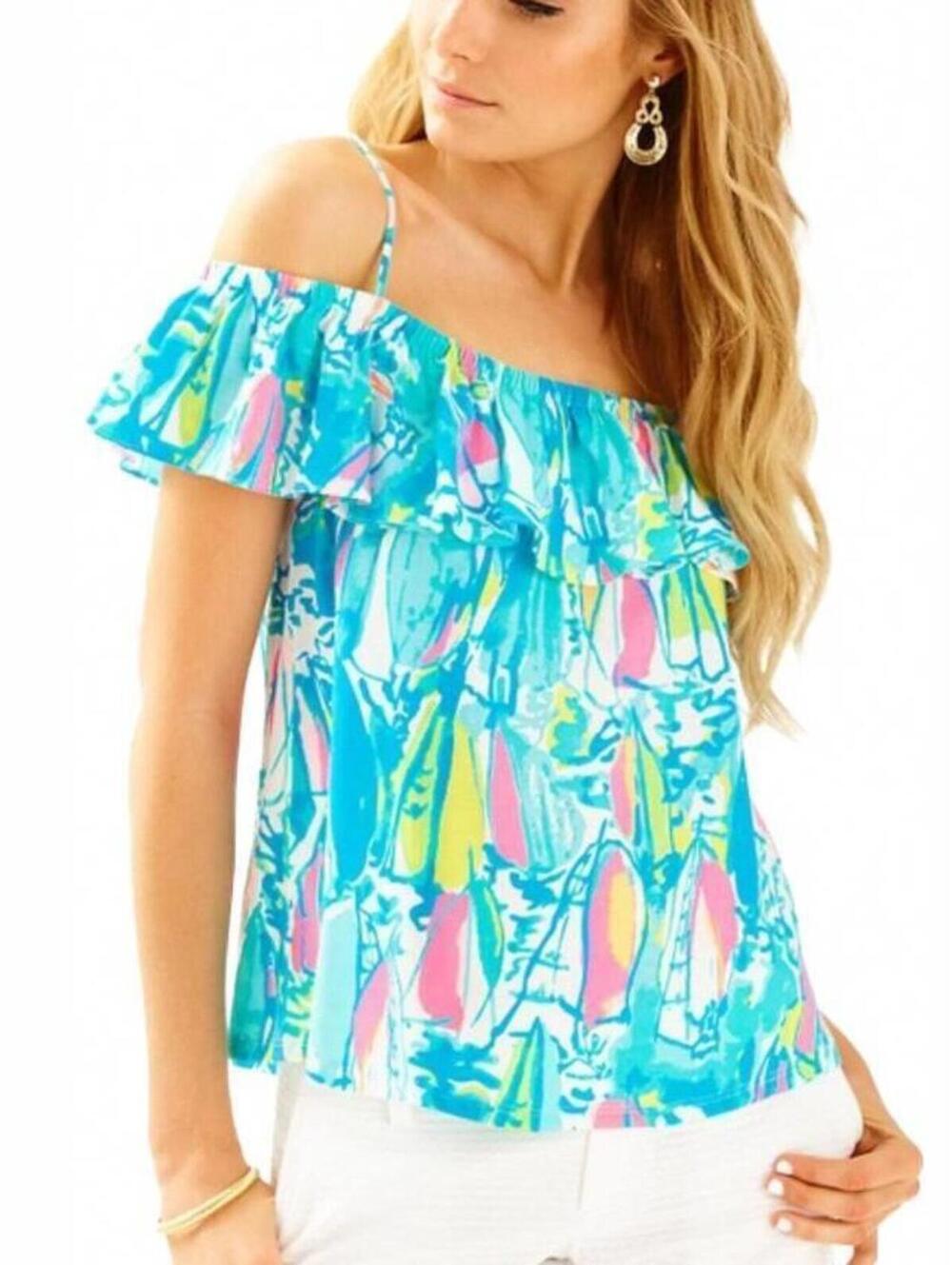 Lilly Pulitzer Tamiami Off-the-Shoulder Top Ruffle Tropical XXS